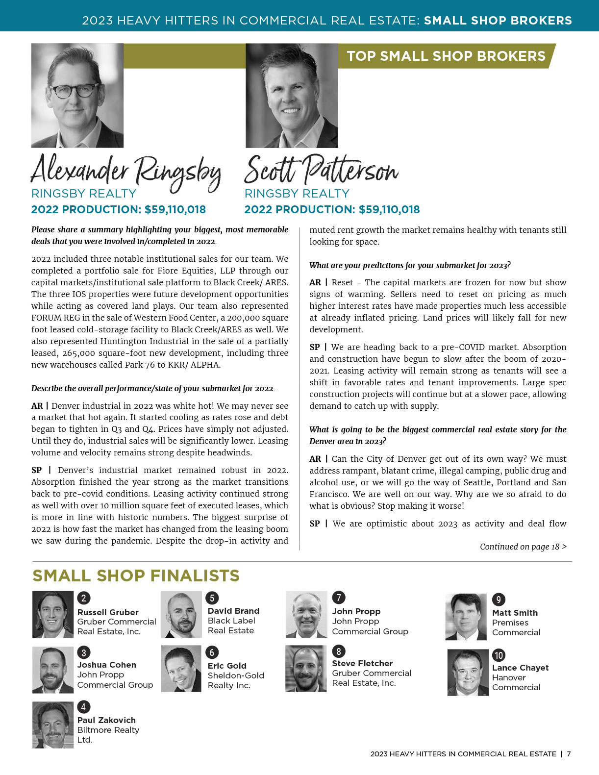 Alexander Ringsby and Scott Patterson won the 2023 Heavy Hitters award for Top Small Shop Brokers.